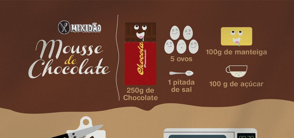 Receita ilustrada de Mousse de Chocolate, tradicional doce francês muito fácil e rápido de preparar. Ingredientes: Chocolate, ovo, manteiga, sal e açúcar