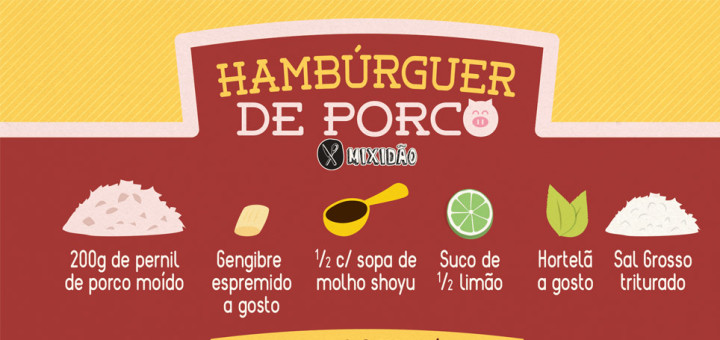 Receita ilustrada de Hambúrguer de porco. Muito saboroso e simples de preparar. Ingredientes: Pernil do Porco, gengibre, molho shoyu, suco de limão, hortelã e sal grosso.