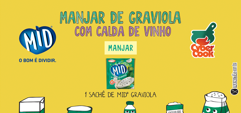 Receita ilustrada de Manjar de Graviola com calda de vinho tinto. Receita rápida e fácil de preparar. Ingredientes: sachê de MID® Graviola, leite, amido de milho, leite de coco, coco ralado, açúcar e vinho tinto.